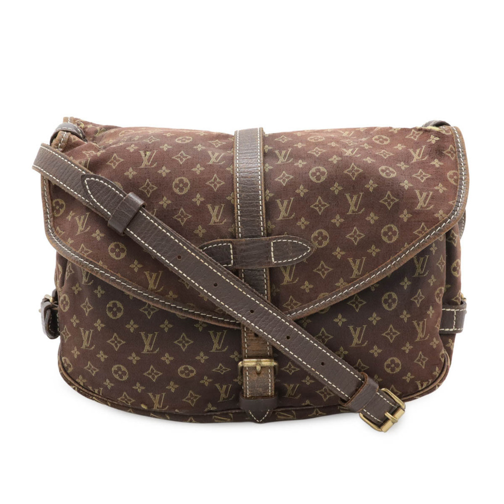 LOUIS VUITTON Monogram Lin Saumur Crossbody Bag Canvas Leather Ebene Brown